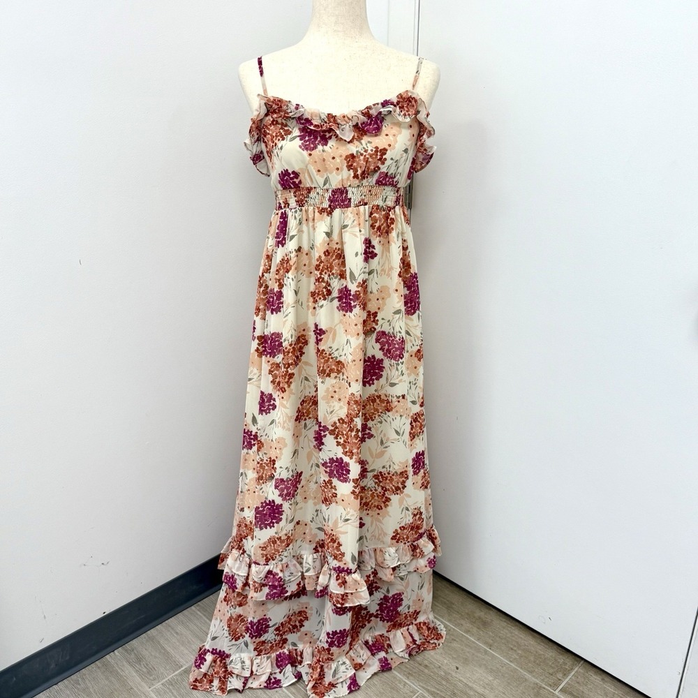 Babydoll Ruffled Tiered Maxi Floral Dress Prairie Fairy Romantic Sz S Cottage